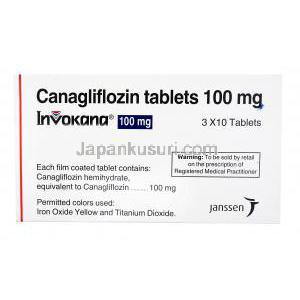 インボカーナ,　カナグリフロジン 100mg 製造元：Janssen,　箱表面,注意事項